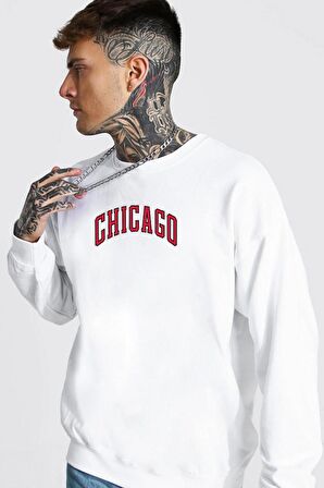 %100 Pamuk Oversize Chicago Baskılı Unisex Sweatshirt