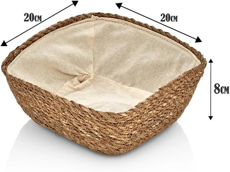 El Yapımı Hasır İçi Bezli Kare Ekmeklik ve Dekoratif Kare Hasır Sepet, Hasır İçi Bezli Ekmek Sepeti Kare (20cm*20cm*8cm)