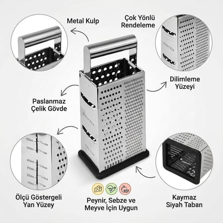 Deconox Paslanmaz Çelik Rende, Metal Kulplu 4 Yüzeyli Mutfak Rendesi, Ölçü Göstergeli ve Silikon Kaydırmaz Tabanlı Sebze Peynir Rendesi, 26,6 x 11 x 7,2 cm