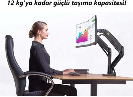 North Bayou NB G35 Çift Monitör Standı, 22''-32'', Metal, Siyah, Gazlı Yay Sistemi, 12 kg Taşıma Kapasitesi, VESA 75x75/100x100