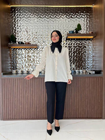 Taş Aksesurlı Yaka Detaylı Kol Lastik Oversıze Gömlek GMK08030