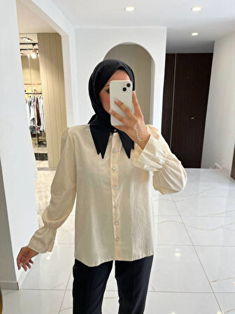 Taş Aksesurlı Yaka Detaylı Kol Lastik Oversıze Gömlek GMK08030