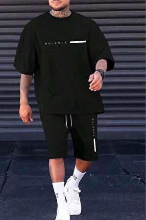 Erkek Siyah Balance Baskılı Short Tshirt Takım