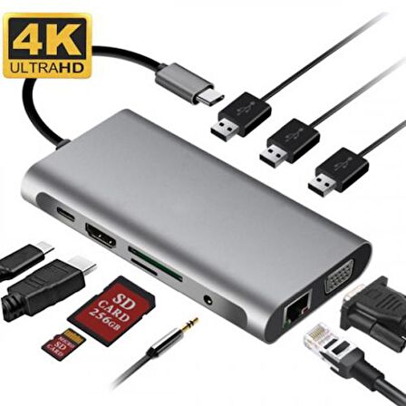 Coofbe 10in1 Type-C Hub Type-C to VGA @60Hz 4K HDMI @30Hz RJ45 3.5mm Sd Tf Kart 3xUSB3.0 Çeviriçi Hub