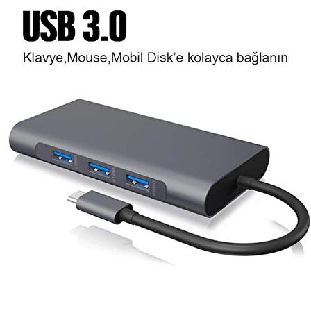Coofbe 10in1 Type-C Hub Type-C to VGA @60Hz 4K HDMI @30Hz RJ45 3.5mm Sd Tf Kart 3xUSB3.0 Çeviriçi Hub