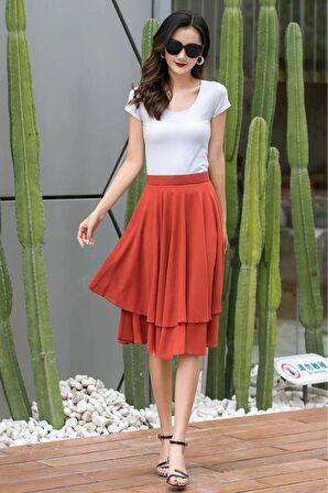 Diz Üstü İki Katlı Şifon Etek