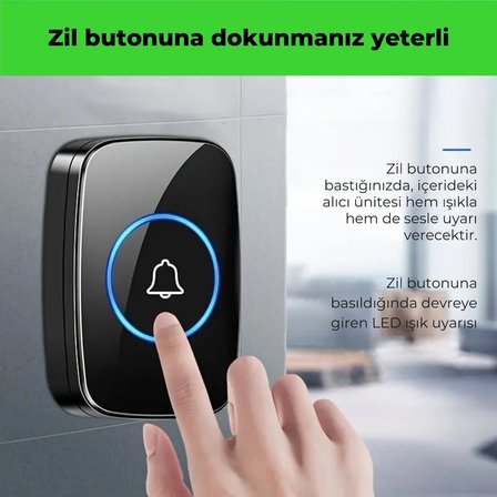 Kablosuz Uzaktan Kumandalı Kapı Zili Mavi Led Işıklı 60 Melodi 300 m Menzil Ev Ofis Depo, Logosuz Tasarım, Hasta Yaşlı ve Bakıma Muhtaçlar için Acil Çağrı Butonu, Tak Çalıştır, Siyah