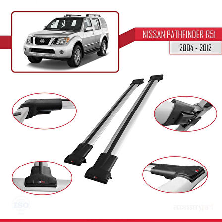 Nissan Pathfinder 3 (R51) 2004-2012 Arası ile Uyumlu FLY Model Ara Atkı Tavan Barı Gri 2 Adet