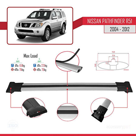 Nissan Pathfinder 3 (R51) 2004-2012 Arası ile Uyumlu FLY Model Ara Atkı Tavan Barı Gri 2 Adet