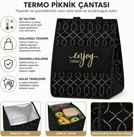 Orret Home Termoslu Piknik Çantası 30x20x40 cm, Isı Yalıtımlı Alüminyum Kaplamalı İç Yüzey, Keçe Dış Yüzey, Katlanabilir Termal Alışveriş Plaj Kamp Piknik Çantası Siyah