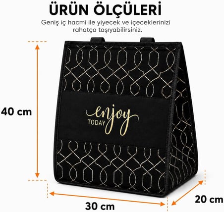 Orret Home Termoslu Piknik Çantası 30x20x40 cm, Isı Yalıtımlı Alüminyum Kaplamalı İç Yüzey, Keçe Dış Yüzey, Katlanabilir Termal Alışveriş Plaj Kamp Piknik Çantası Siyah