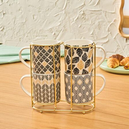 Karaca Nero 4'lü Standlı Porselen Kupa/Mug Seti