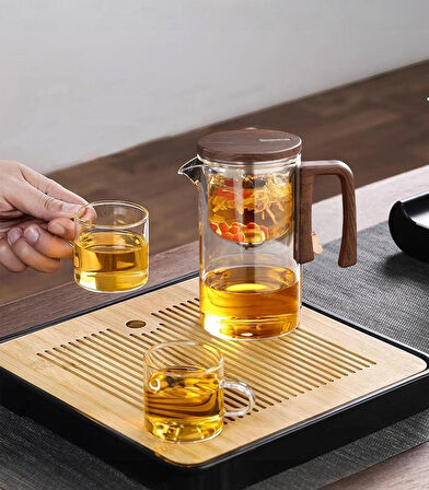 Sihirli Bitki Çayı Yaprak Çay İçin Demlikli Şeffaf Çaydanlık Bambu Çay Demleme Cam Filtreli 2 li Fincan Set