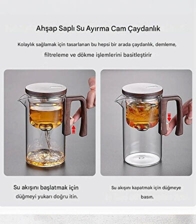 Sihirli Bitki Çayı Yaprak Çay İçin Demlikli Şeffaf Çaydanlık Bambu Çay Demleme Cam Filtreli 2 li Fincan Set