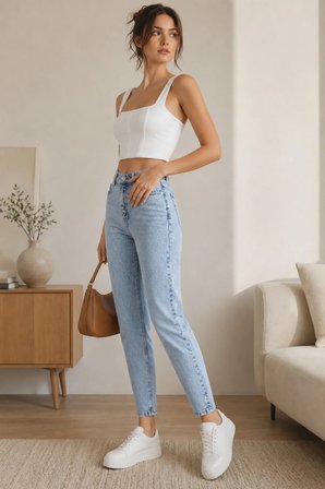 Kadın Jeans Buz Mavi Kar Yıkama Mom Jeans Yüksek Bel Denim Kot Pantolon