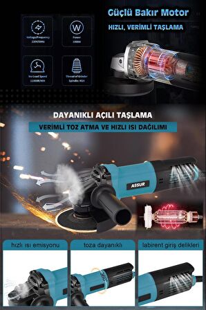 Assur Devirsiz Professional Spiral Taşlama  Makinası 125 Mm 550 W mavi renk T009-3