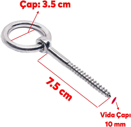 Halkalı Metal Paslanmaz M10 Vidalı Gerdirme Sabitleme Çekme Kaldırma Tavan Kancası Asma Kit