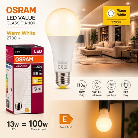 OSRAM LED Value Classic A100 E27 LED Ampul 13W 1521 Lümen 100W Eşdeğeri Uzun Ömürlü Enerji Tasarruflu Ampul 10'lu Paket (Sarı Işık)