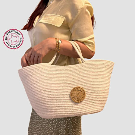 Uretti - Şenay 1451 El Yapımı Tress İp Plaj Çanta 23cm - Beyaz