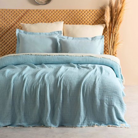 Müslin Pike Tek Kişilik, 100% Pamuk 4 Katlı Kaliteli Müslin Yatak Örtüsü, Dekoratif Şık Yumuşak Hafif Yazlık Pike (Açık Mavi, Tek Kişilik 160x220 cm)