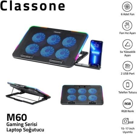 Gaming M60 Laptop Soğutucu, 2500 RPM,10 RGB ışık kontrolü, 15.6-17 inch, Hız kontrolü, 6 Büyük fan,Telefon standı, 2 USB