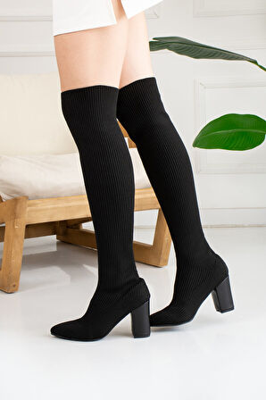 Günlük Kadın Kalın Topuklu Rahat Esnek Streç Triko Dizüstü Çizme 215U