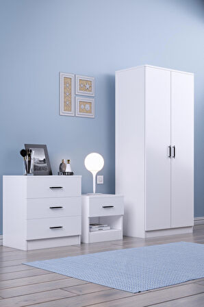 2 Kapılı 1 Çekmeceli Gardırop + Komodin + 3 Çekmeceli Şifonyer Takım / Beyaz