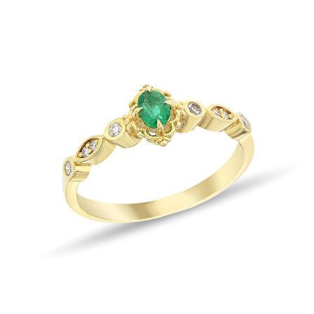 0,08 Karat Pırlantalı Zümrüt Taşlı Vintage Yüzük