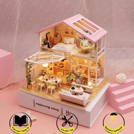 Minyatür Ev Yapma Seti – LED Işıklı Ahşap DIY Maket – Kendin Yap Balkonlu Ev Modeli – Yetişkinler İçin Dekoratif Hediye Seti