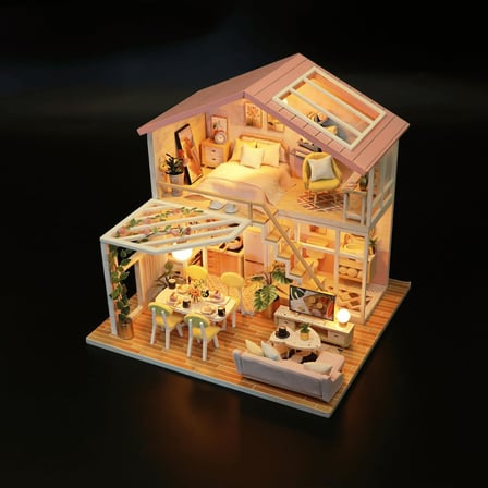 Minyatür Ev Yapma Seti – LED Işıklı Ahşap DIY Maket – Kendin Yap Balkonlu Ev Modeli – Yetişkinler İçin Dekoratif Hediye Seti