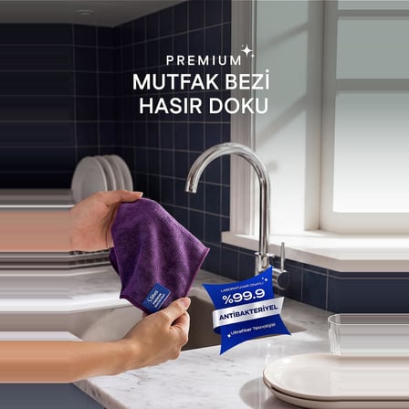 Silva Premium Mutfak Bezi Hasır Doku 30x30 cm, Mikrofiber Temizlik Bezi, Yağ ve Parmak İzini Yaymadan Toplar, Sadece Suyla Temizlik, Tezgah Ocak Çelik Mermer İçin, Mürdüm Moru