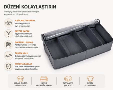 Baza Altı 4 Bölmeli Ayarlanabilir Sandık Hurç Organizer, 73x40x16 cm Şeffaf Kapaklı Gri Kıyafet Saklama Kutusu, Yatak Altı Dolap İçi Düzenleyici, Battaniye Nevresim Kazak Hurcu