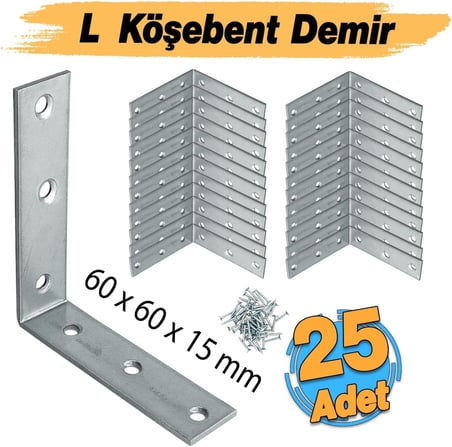 Mobilya Dolap Duvar Sabitleme 25 ADET Metal Köşebent 60x60x15 mm Bağlantı Aparatı L Demiri Gönye