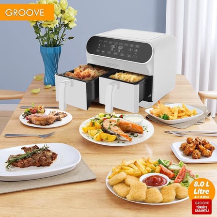 Groove Max Plus XXL 1800W (4Lt+4Lt) 8Lt Çift Hazneli Smart Airfryer Air Fryer Yağsız Sıcak Hava Fritözü Beyaz