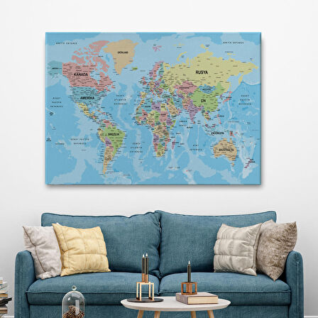 Harita Sepeti Dünya Haritası Türkçe Kanvas Tablo Ayrıntılı Dekoratif-Okyanuslu 2160