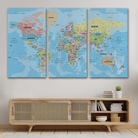 Harita Sepeti Dünya Haritası Türkçe Kanvas Tablo Ayrıntılı Dekoratif-Okyanuslu 2160