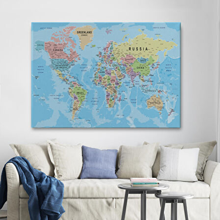 Harita Sepeti Dünya Haritası Kanvas Tablo Çok Ayrıntılı Dekoratif ve Okyanuslu 2161