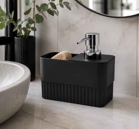 Süngerlikli Sıvı Sabunluk - 2'si 1 Arada Mutfak ve Banyo Tezgah Üstü Düzenleyici - Modern Tasarım, Pratik Kullanımlı Sıvı Sabun Pompası ve Sünger Bölmeli Deterjanlık Seti