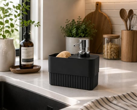 Süngerlikli Sıvı Sabunluk - 2'si 1 Arada Mutfak ve Banyo Tezgah Üstü Düzenleyici - Modern Tasarım, Pratik Kullanımlı Sıvı Sabun Pompası ve Sünger Bölmeli Deterjanlık Seti
