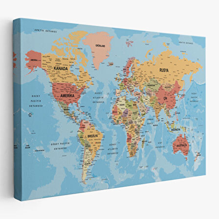 Harita Sepeti Dünya Haritası Türkçe Kanvas Tablo Ayrıntılı Dekoratif-Okyanuslu 2162