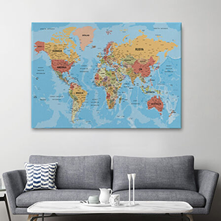 Harita Sepeti Dünya Haritası Türkçe Kanvas Tablo Ayrıntılı Dekoratif-Okyanuslu 2162