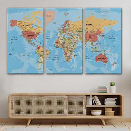 Harita Sepeti Dünya Haritası Türkçe Kanvas Tablo Ayrıntılı Dekoratif-Okyanuslu 2162