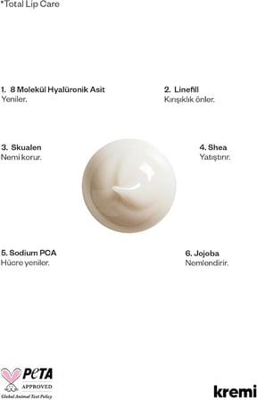 Kremi TOTAL LIP CARE 8 ml · Onarıcı, Peeling Etkili · 8d Hyaluronik Asit, Niasinamid, Skualen