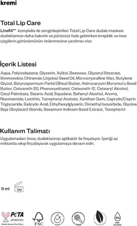 Kremi TOTAL LIP CARE 8 ml · Onarıcı, Peeling Etkili · 8d Hyaluronik Asit, Niasinamid, Skualen