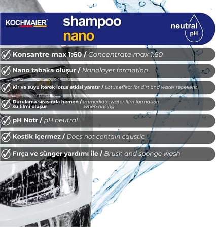 Nano Cilalı Oto Şampuanı – 1:60 Konsantre pH Nötr – Seramik Kaplama ve PPF Uyumlu, Nano Teknoloji Lotus Etkisi, Kostiksiz Profesyonel Araç Yıkama Şampuanı (1 Litre)