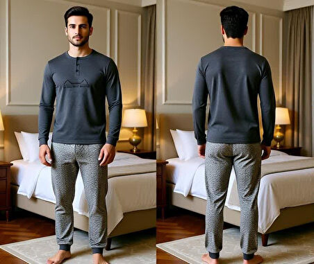 Erkek Pamuklu Gri Melanj Renk Pijama Takımı AL001-2