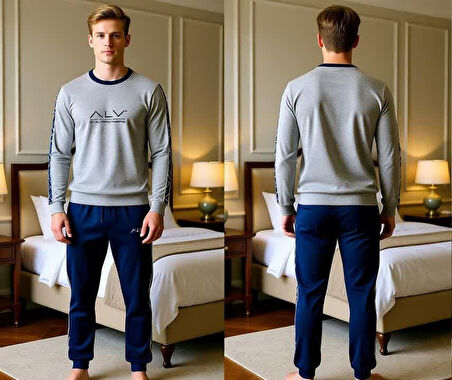 Erkek Pamuklu Gri Melanj - Lacivert Renk Pijama Takımı AL003-2