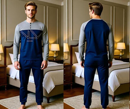 Erkek Pamuklu Gri - Lacivert Renk Pijama Takımı AL008-2