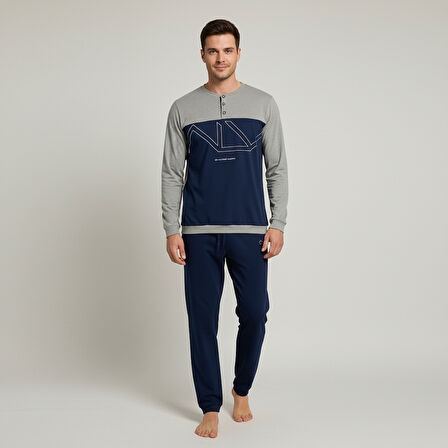 Erkek Pamuklu Gri - Lacivert Renk Pijama Takımı AL008-2