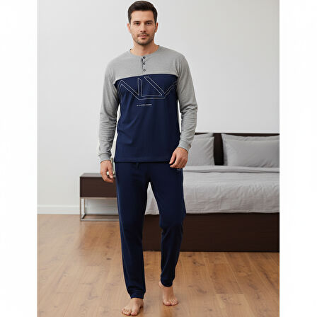 Erkek Pamuklu Gri - Lacivert Renk Pijama Takımı AL008-2